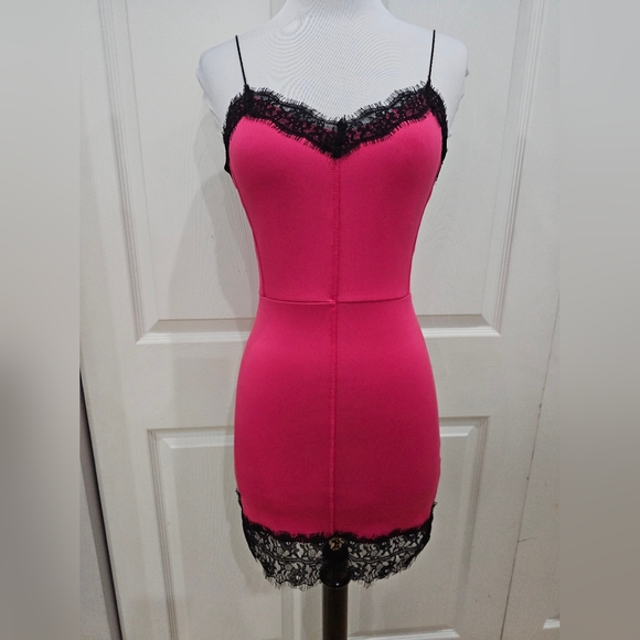 Love Culture Sexy Party Club Hot Pink & Black Lace Bodycon Mini Slip Dress XS S - Picture 2 of 10